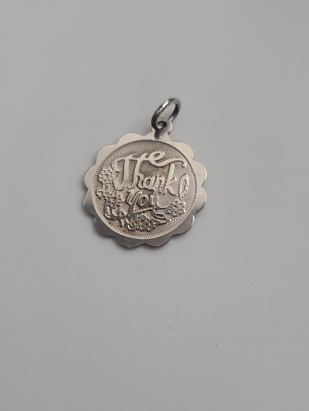 Vintage EJ Sterling Silver Thank You Charm Scalloped Edge Pendant EJ